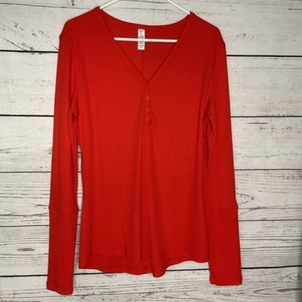 Zyia Active Red Ribbed Henley Long Sleeve Top XL‎ Slim Fit V-Neck Waffle Knit